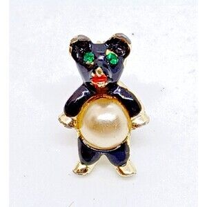 Black Bear Brooch Pin Lapel Jelly Belly Faux Pearl Rhinestone Green Eyes Vintage